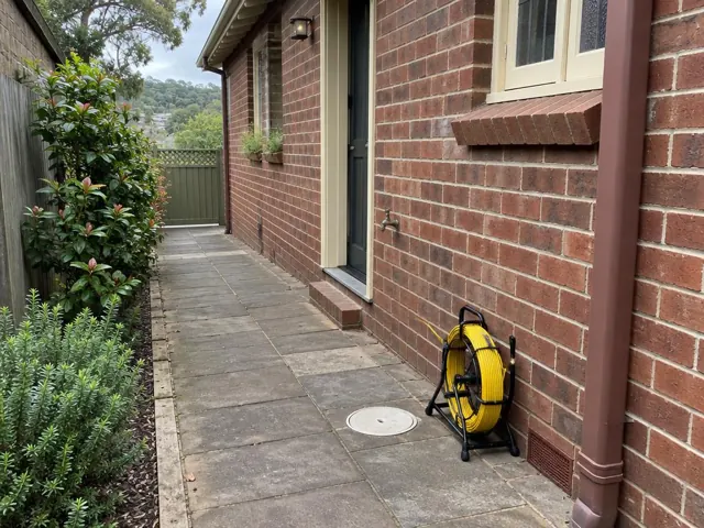 Capped drain inspection opening beside a coiled camera reel along a brick house path in Hornsby