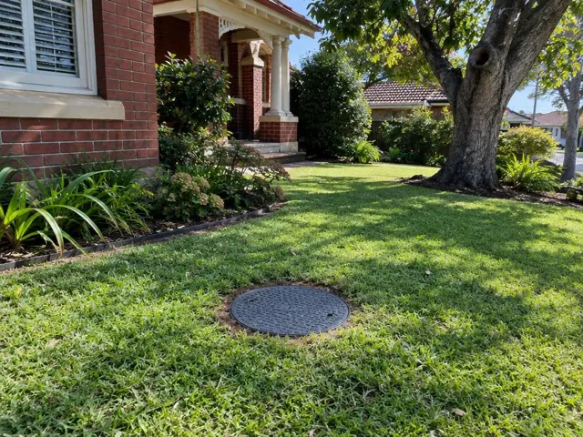Flush circular sewer cover in a tidy front lawn beside a brick house in Asquith